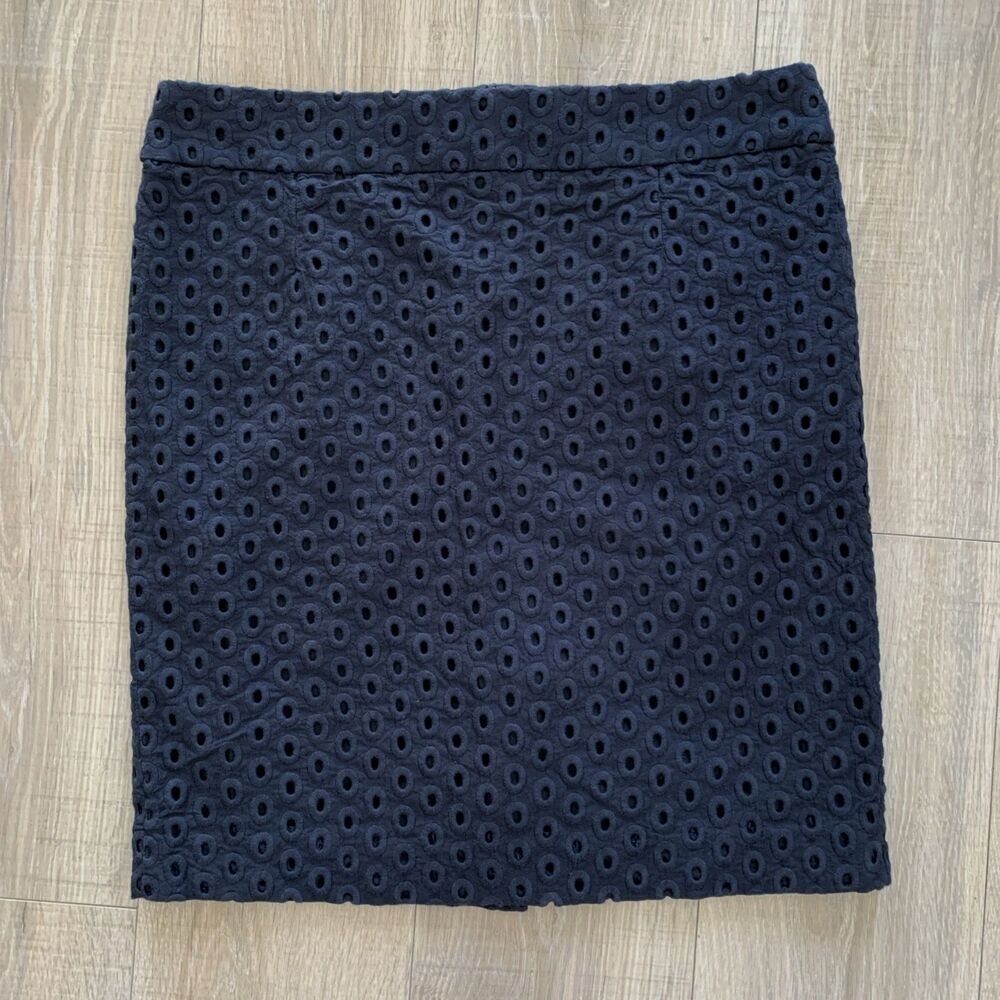 J Crew Skirt Navy Blue Eyelet Circle Embroidered Cotton Lined Womens Size 14